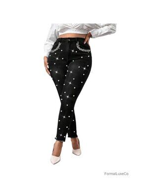 Mid Rise Skinny Stretch Denim Jeans Pearl Rhinestone Embellished Pants